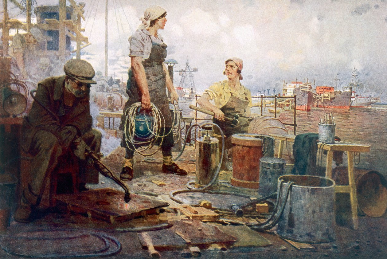 Czerwona stocznia Sormovo, ok. 1920 r. (kolorowa litografia) autorstwa Pyotr Ivanovich Kotov