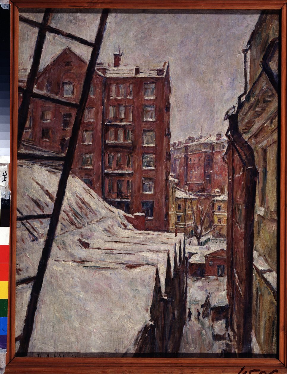 Ulica Myasnitskaya 21, Moskwa (ulica Myasnitskaya, 21). Krajobraz miejski pod śniegiem. Malarstwo Piotra Iwanowicza Lwowa (1882-1944), olej na płótnie autorstwa Pyotr Ivanovich Lvov