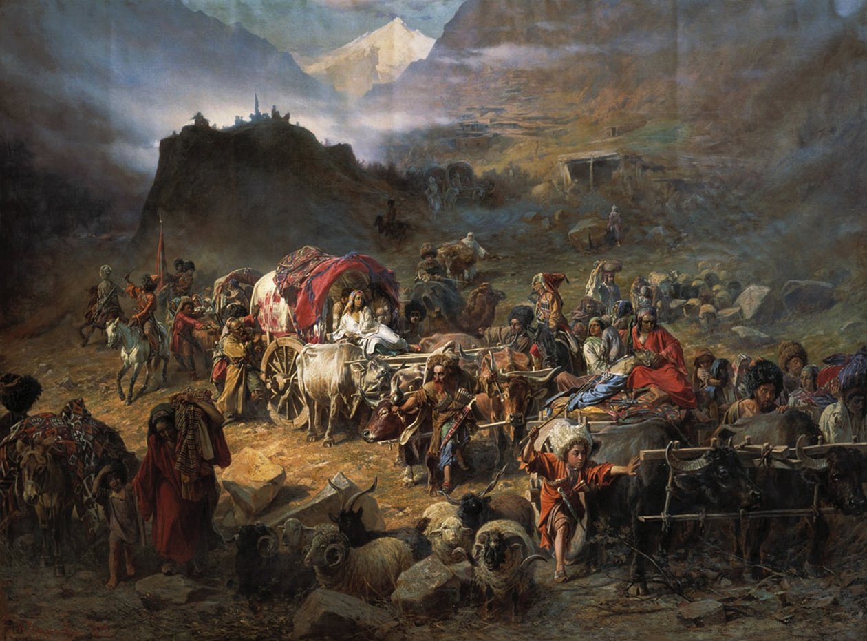 Alpiniści opuszczają aul przed nadejściem wojsk rosyjskich, 1872 autorstwa Pyotr Nikolayevich Grusinsky
