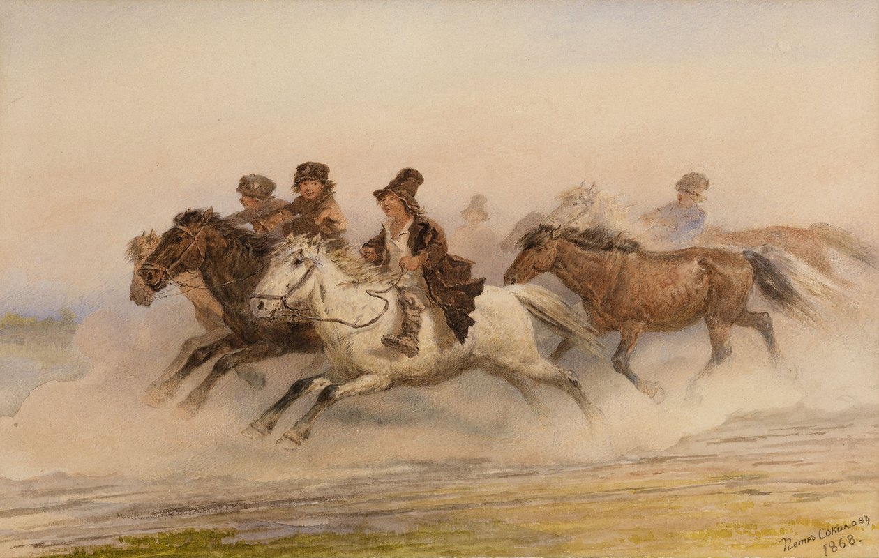 Straż nocna. Ilustracja do szkiców z albumu myśliwego I. Turgieniewa, 1867 autorstwa Pyotr Petrovich Sokolov