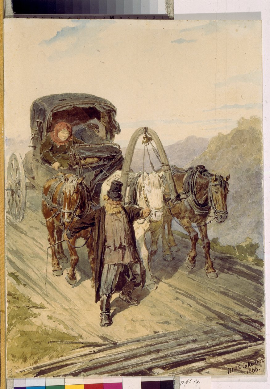 Trojka (rosyjski powóz ciągnięty przez trzy konie). Praca Piotra (Piotra) Pietrowicza Sokołowa (1821-1899), akwarela na papierze autorstwa Pyotr Petrovich Sokolov