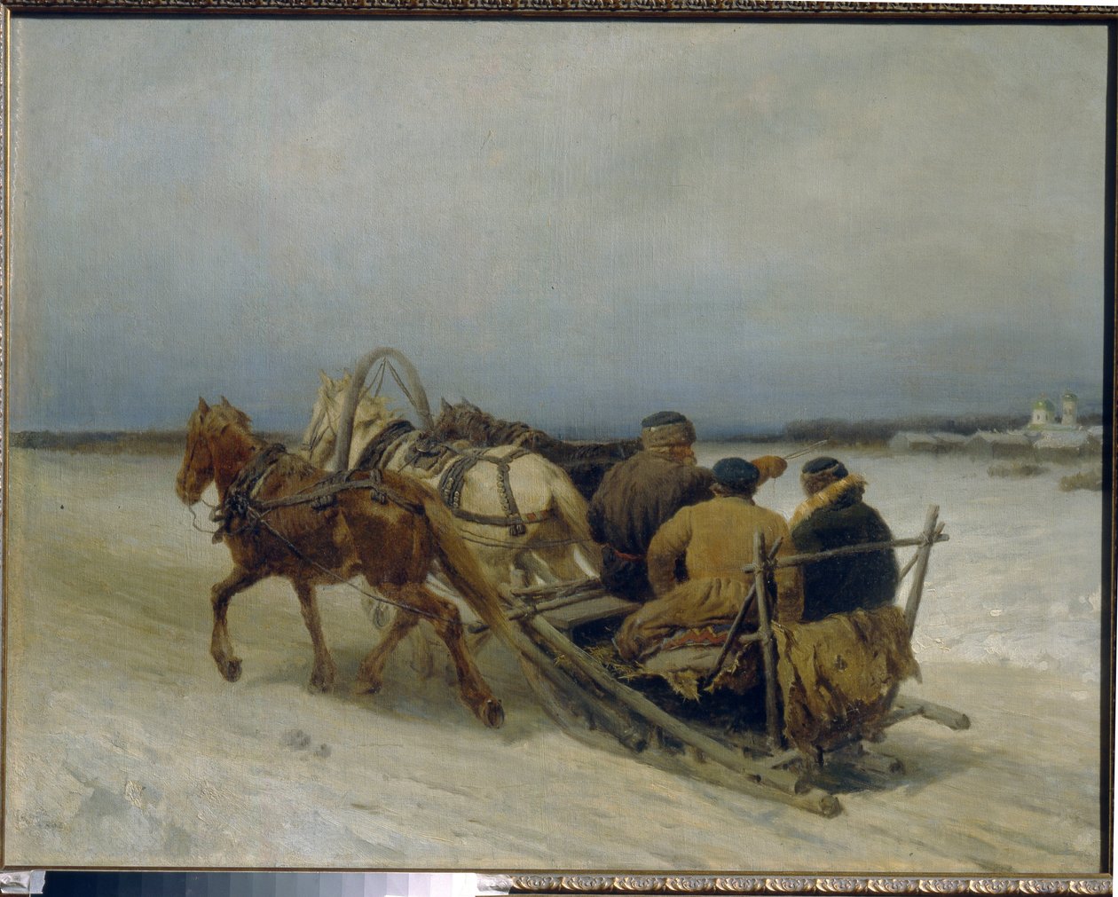 Trojka zimą. (Tradycyjny rosyjski autostop, ciągnięty przez trzy konie). Obraz Piotra (Piotra) Pietrowicza Sokołowa (1821-1899), olej na płótnie autorstwa Pyotr Petrovich Sokolov
