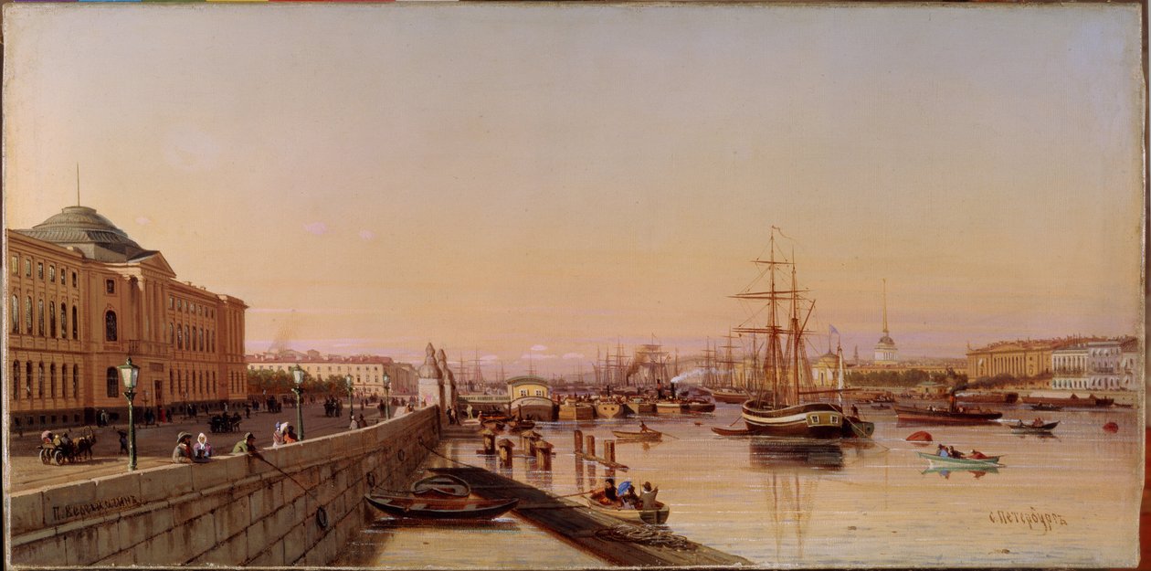 Letni wieczór na nabrzeżu Newy, w pobliżu Akademii Sztuk Pięknych w Petersburgu. Obraz Piotra Pietrowicza Vereschagin (Vereshchagin, Vereshchagin) (1836-1886), olej na płótnie, około 1870 r. Sztuka rosyjska autorstwa Pjotr ​​​​Petrowitsch Wereschtschagin