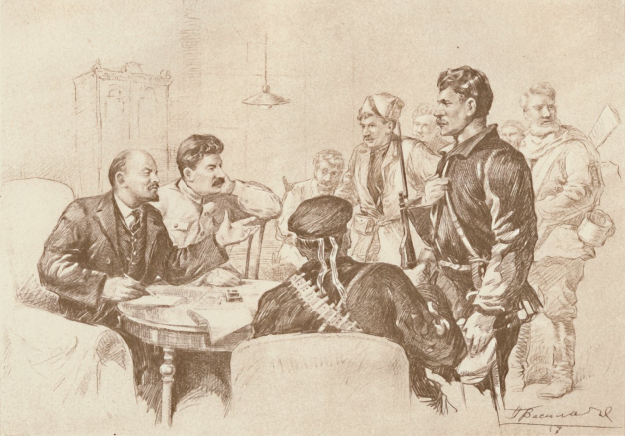 Przemówienie Lenina i Stalina do Czerwonej Gwardii w Smolnym, 1917, 1939. autorstwa Pyotr Vasilyev