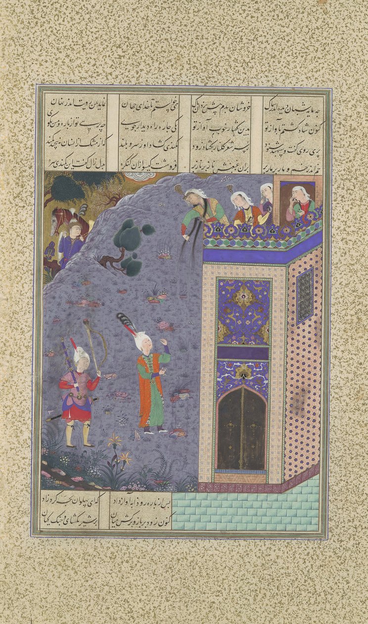 Rudaba robi drabinę ze swoich warkoczy, Folio 72v z Księgi Szahnamy z..., ca. 1525. autorstwa Qadimi
