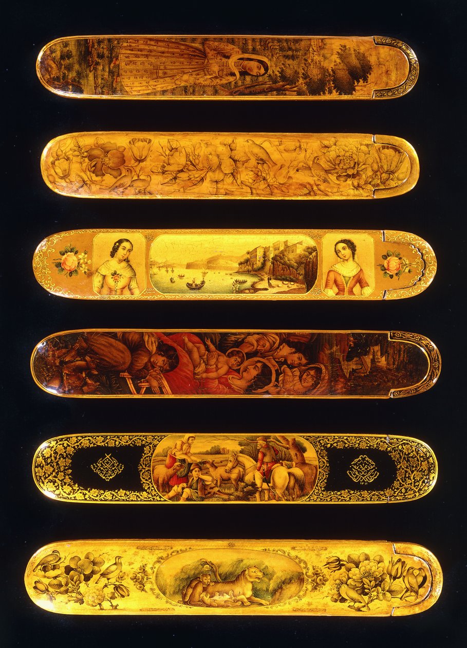 Sześć kalamdanów z polichromowanego lakieru papier mache, XIX w. autorstwa Qajar School