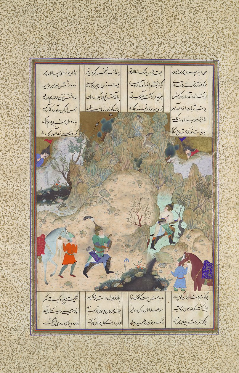 Ostatni pojedynek gawron: Gudarz kontra Piran, Folio 346r z Szahnamy..., ok. 1525-30. autorstwa Qasim ibn 