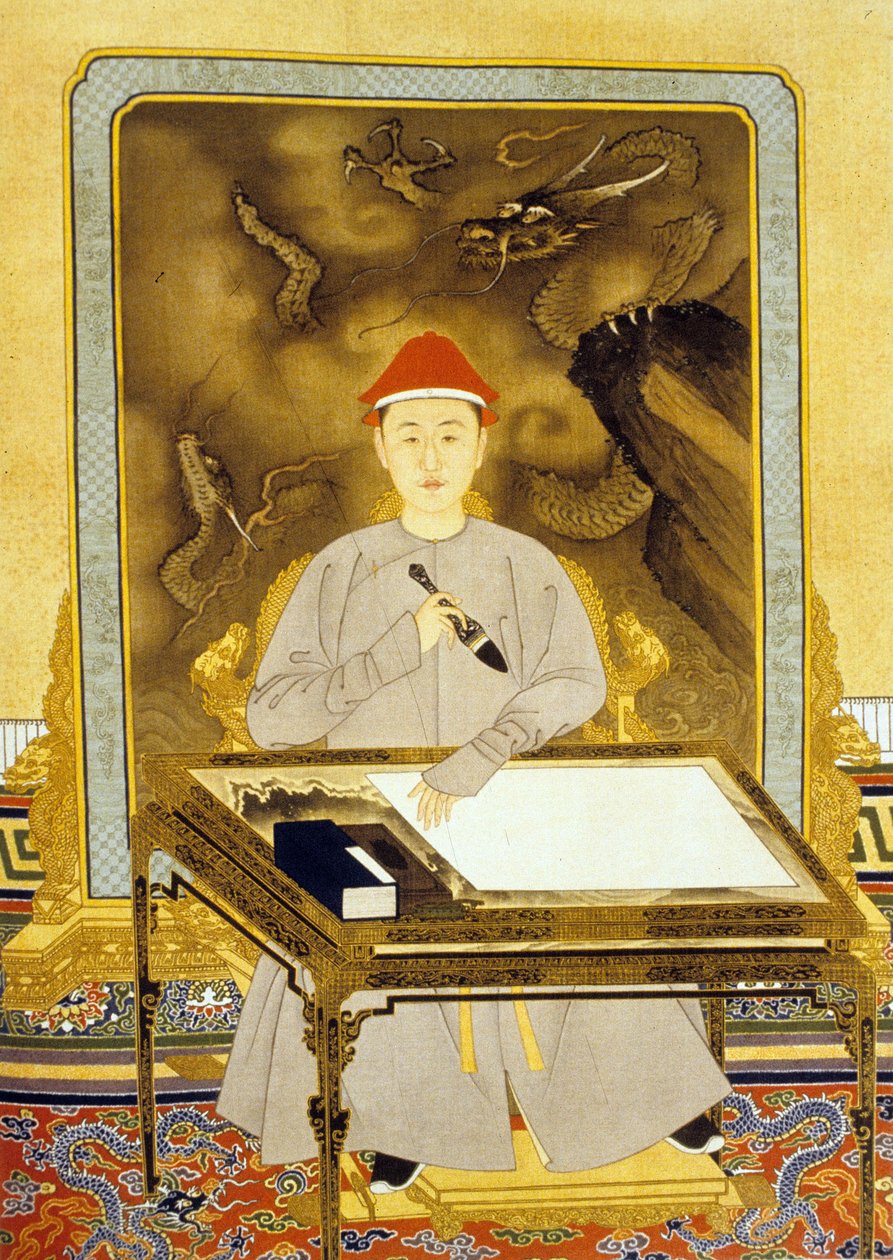 Heng Tsu lub Kangxi, cesarz Chin przy swoim biurku autorstwa Qing Dynasty   Kangxi Period Chinese School