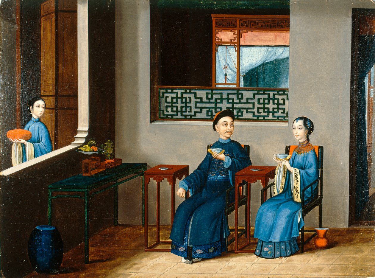 Para pijąca herbatę, ok. 1800 (olej na płótnie) autorstwa Qing Dynasty Chinese School