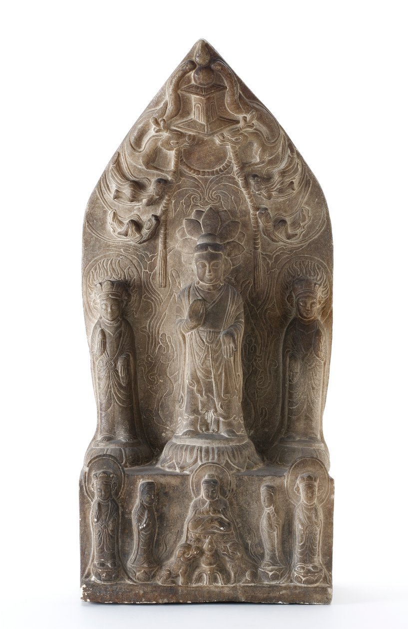 Trójca buddyjska w reliefie na piedestale lotosu przed spiczastym tłem autorstwa Qing Dynasty Chinese School