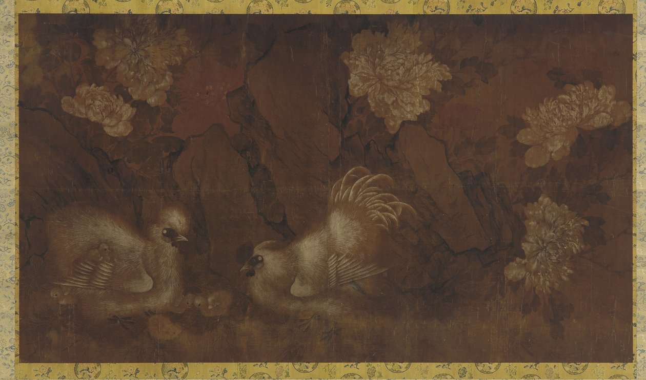 Kogut, kura i kurczaki w pobliżu krzewów piwonii (atrament i kolor na jedwabnym panelu) autorstwa Qing Dynasty Chinese School