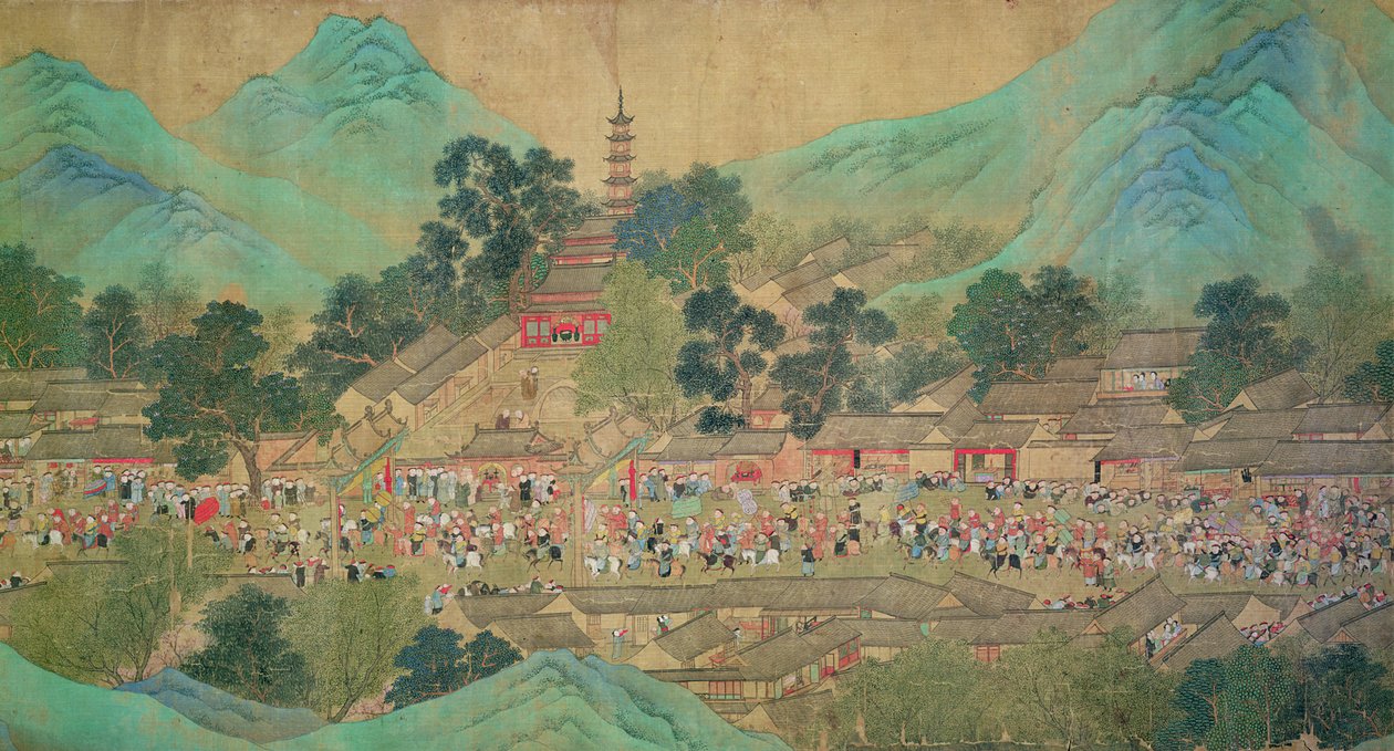 Wycieczka cesarza Kang Shi po Kiang-Han w 1699, po Chaio Ping Chen (1661-1722) (tusz i kolor na papierze z jedwabiem) autorstwa Qing Dynasty Chinese School