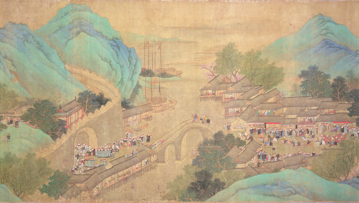 Wycieczka cesarza Kang Shi po Kiang-Han w 1699, po Chaio Ping Chen (1661-1722) (tusz i kolor na jedwabnym papierze) autorstwa Qing Dynasty Chinese School