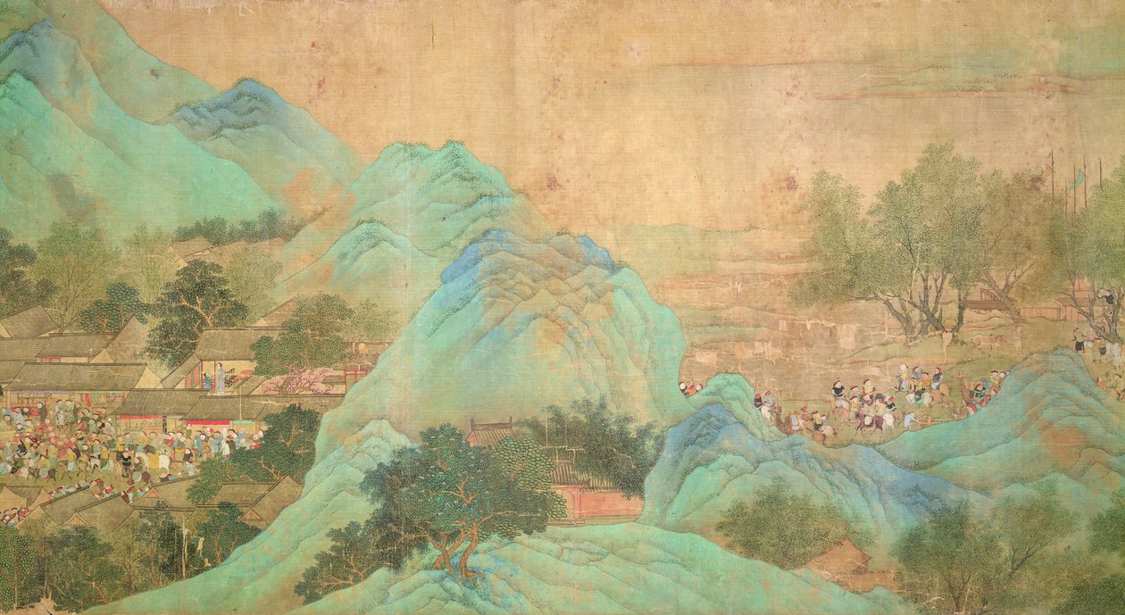Wycieczka cesarza Kang Shi po Kiang-Han w 1699, po Chaio Ping Chen (1661-1722) (tusz i kolor na papierze z jedwabiem) autorstwa Qing Dynasty Chinese School