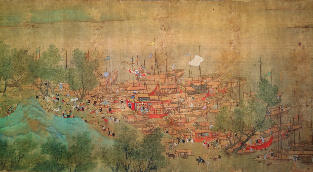 Wycieczka cesarza Kang Shi po Kiang-Han w 1699, po Chaio Ping Chen (1661-1722) (tusz i kolor na papierze z jedwabiem) autorstwa Qing Dynasty Chinese School