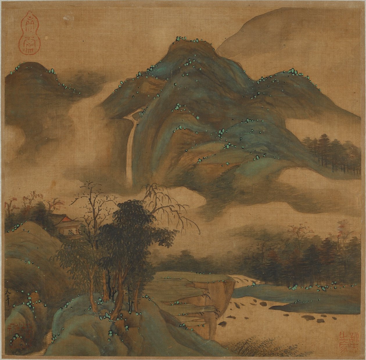 Patrząc na wodospad z górskiej chaty autorstwa Qing Dynasty Chinese School
