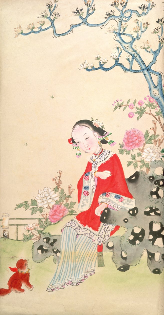 Dziewczyna siedząca na rustykalnym rockowym fotelu autorstwa Qing Dynasty Chinese School