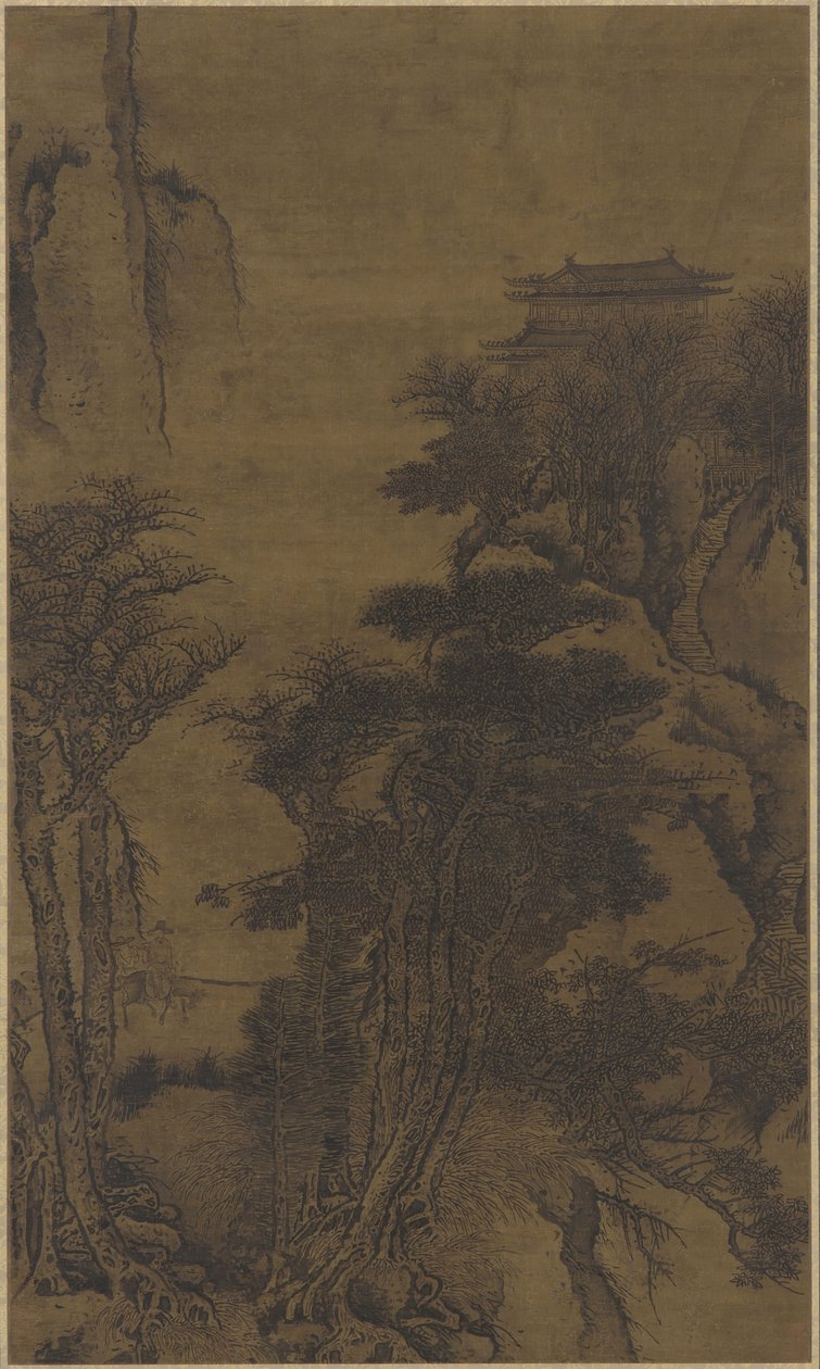 Krajobraz ze świątynią i podróżnikami autorstwa Qing Dynasty Chinese School