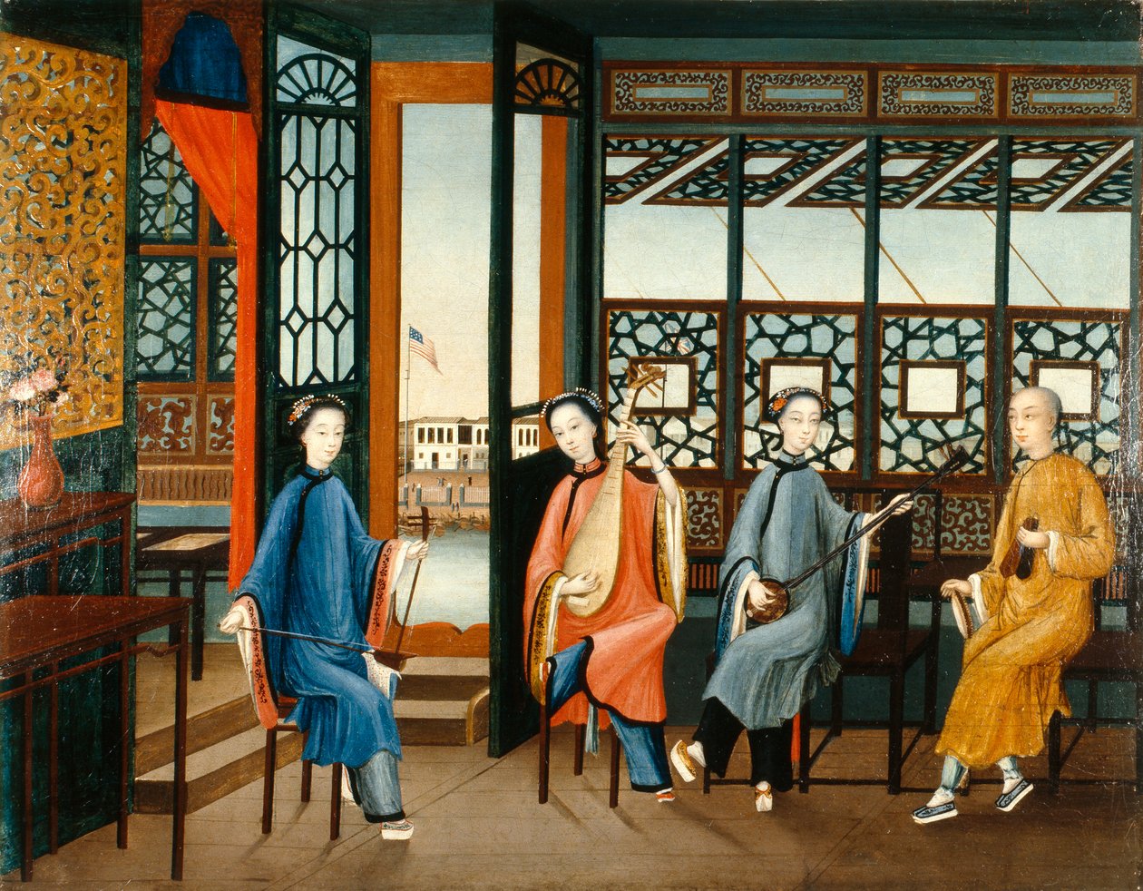 Kwartet muzyczny z amerykańską flagą, ok. 1800 (olej na płótnie) autorstwa Qing Dynasty Chinese School