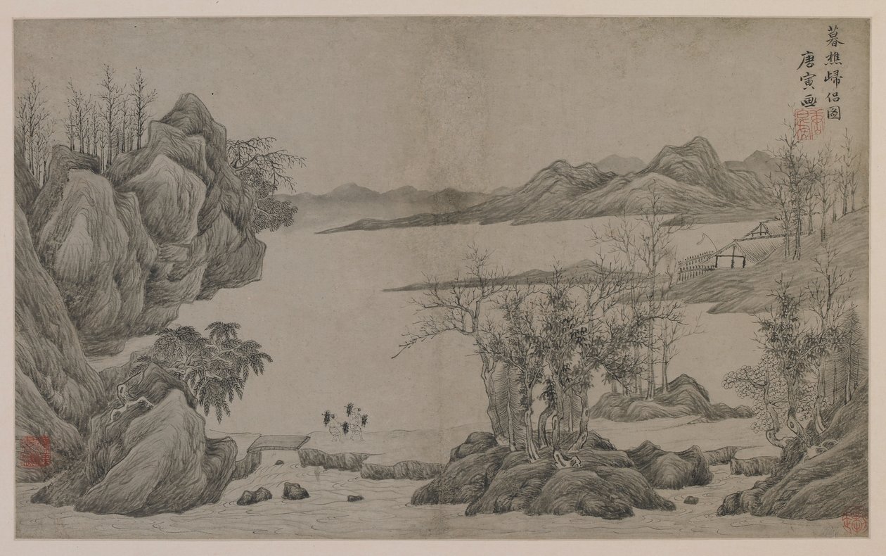 Riverscape i zbieracze drewna (tusz na papierze) autorstwa Qing Dynasty Chinese School