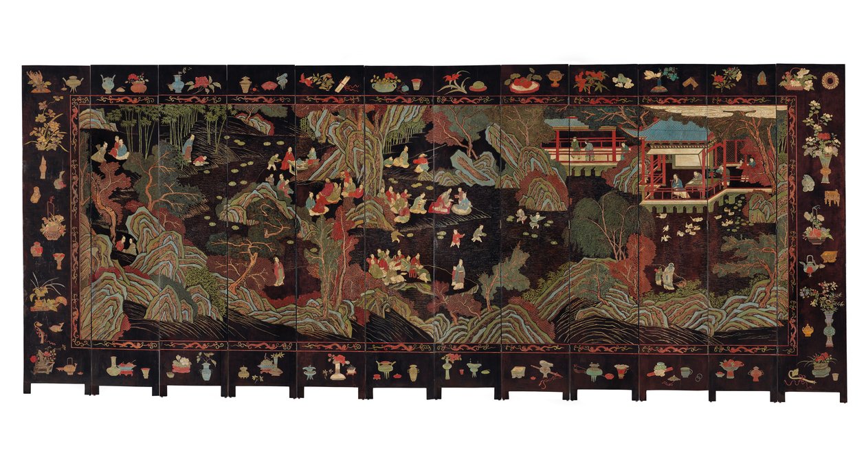 Dwunastokrotny ekran coromandel, XVIII wiek autorstwa Qing Dynasty Chinese School