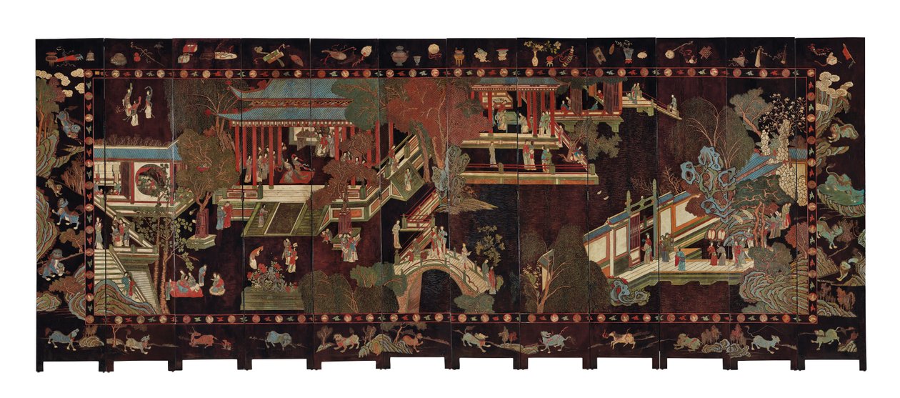 Dwunastokrotny ekran coromandel, XVIII wiek autorstwa Qing Dynasty Chinese School