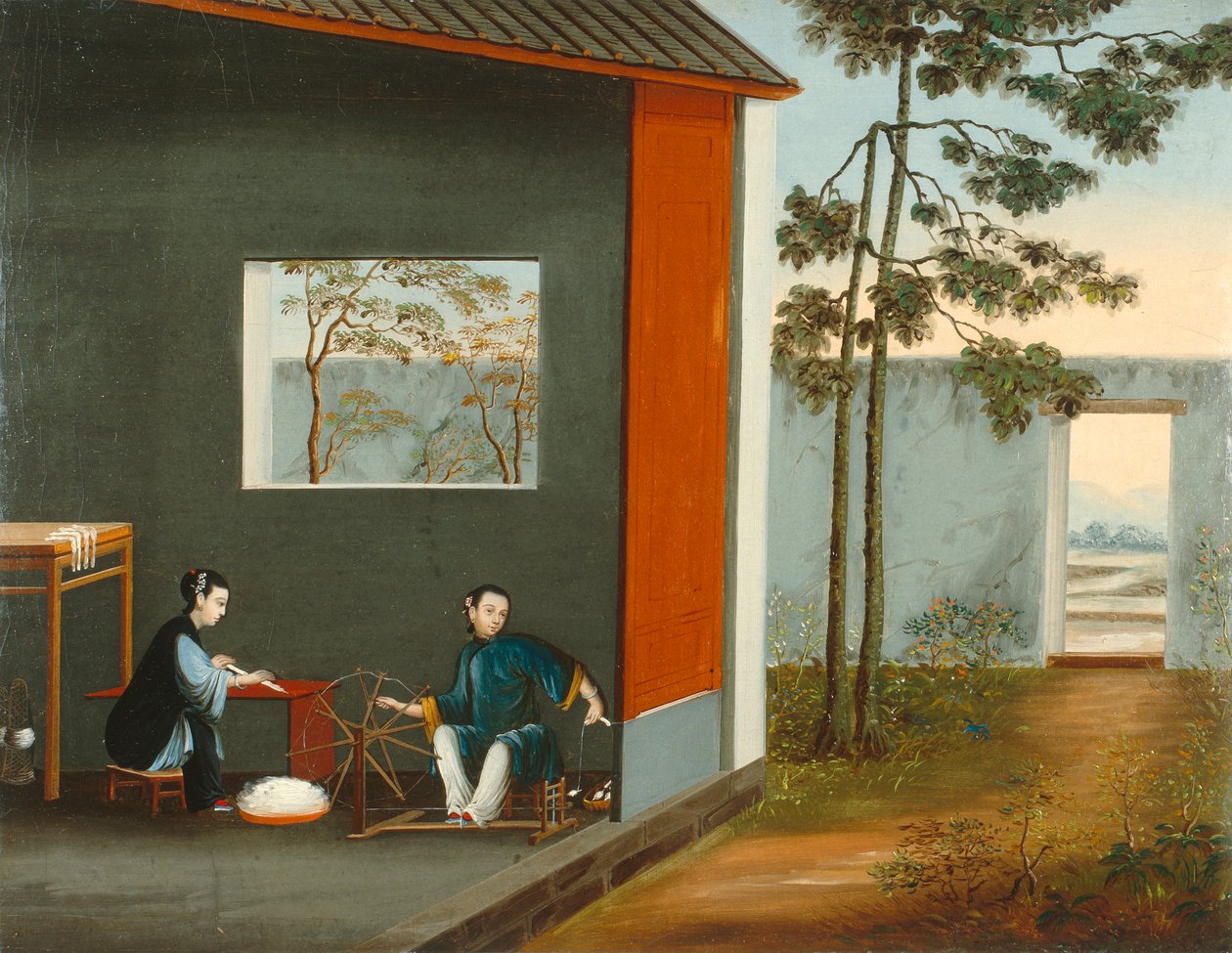 Dwie przędzące kobiety, ok. 1800 (olej na płótnie) autorstwa Qing Dynasty Chinese School