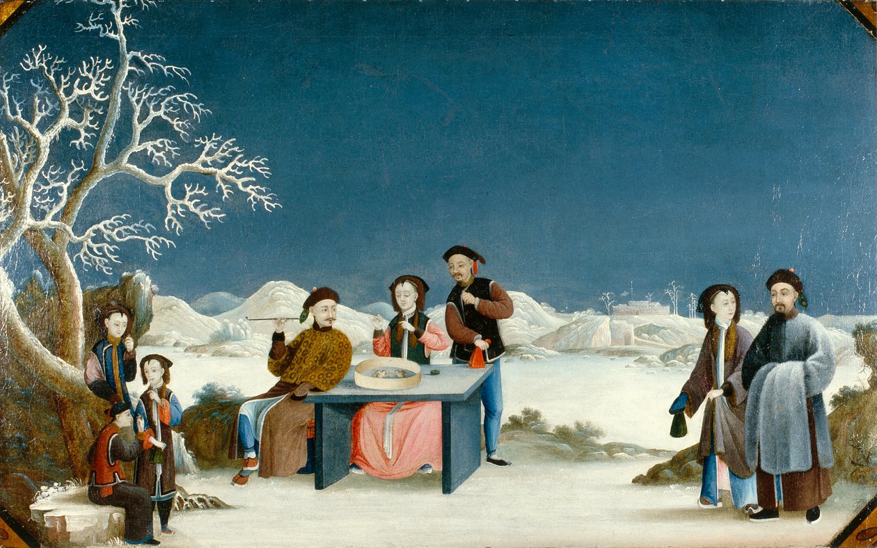 Scena zimowa z odległą twierdzą, ok. 1800 (olej na płótnie) autorstwa Qing Dynasty Chinese School