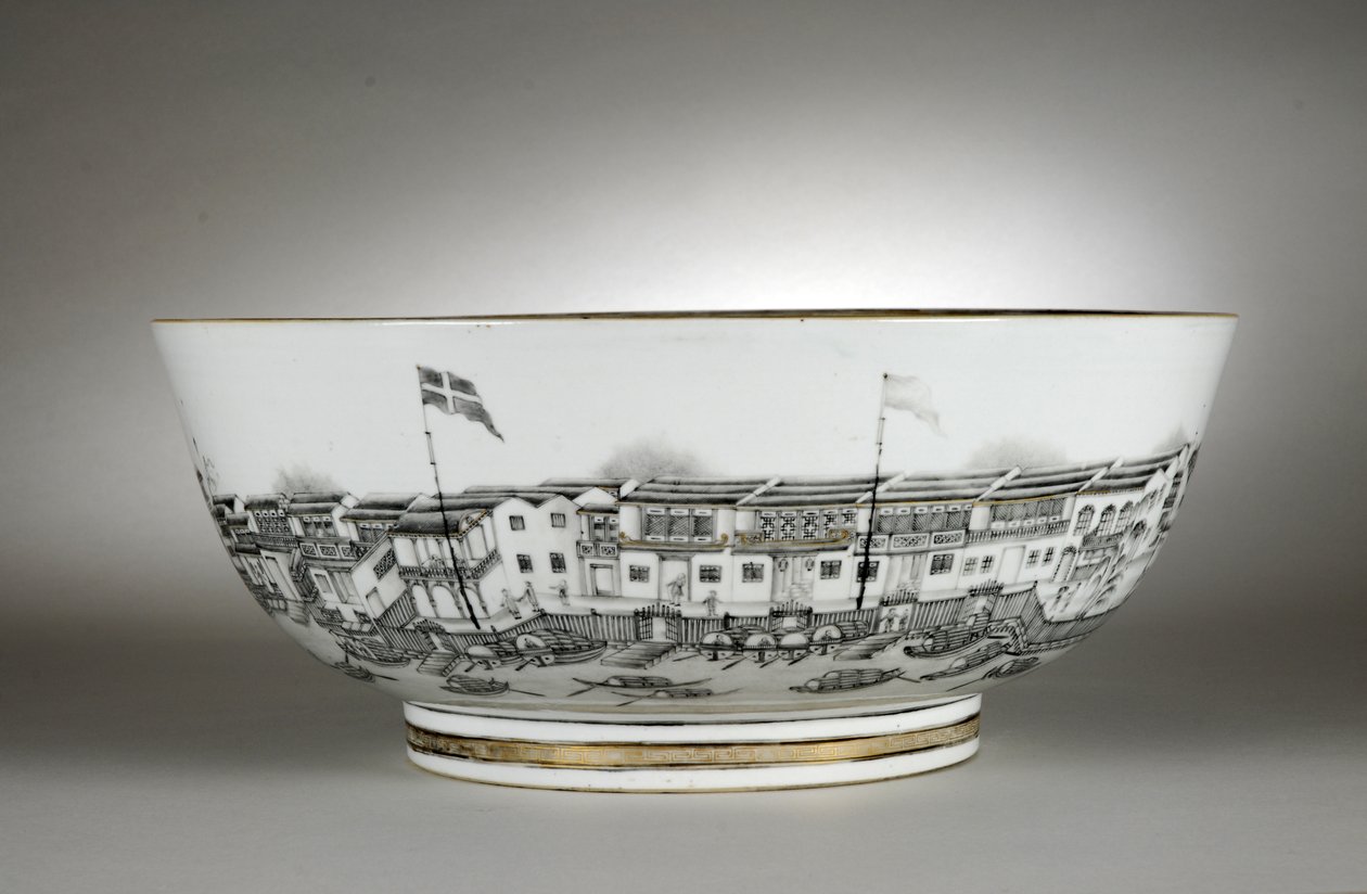 Misa na poncz pomalowana magazynami lub Hongs, Canton (Guangzhou) autorstwa Qing Dynasty   Qianlong Period Chinese School