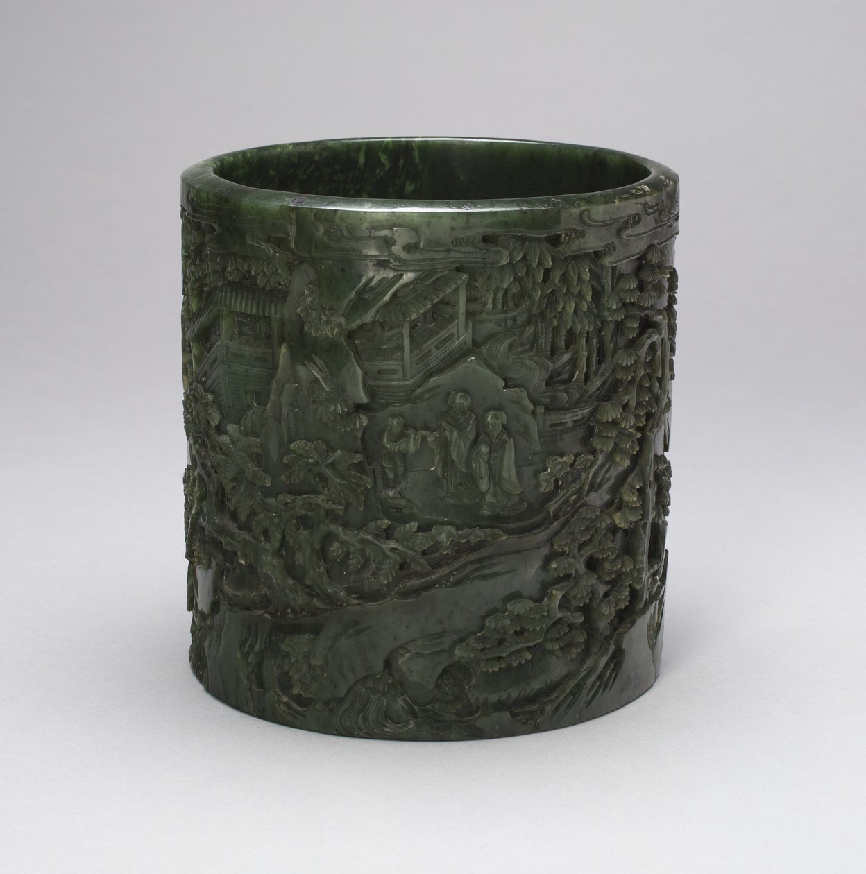 Kociołek z uczonymi i pomocnikami w górzystym krajobrazie (nefryt z rzeźbioną dekoracją) autorstwa Qing Dynasty Chinese School