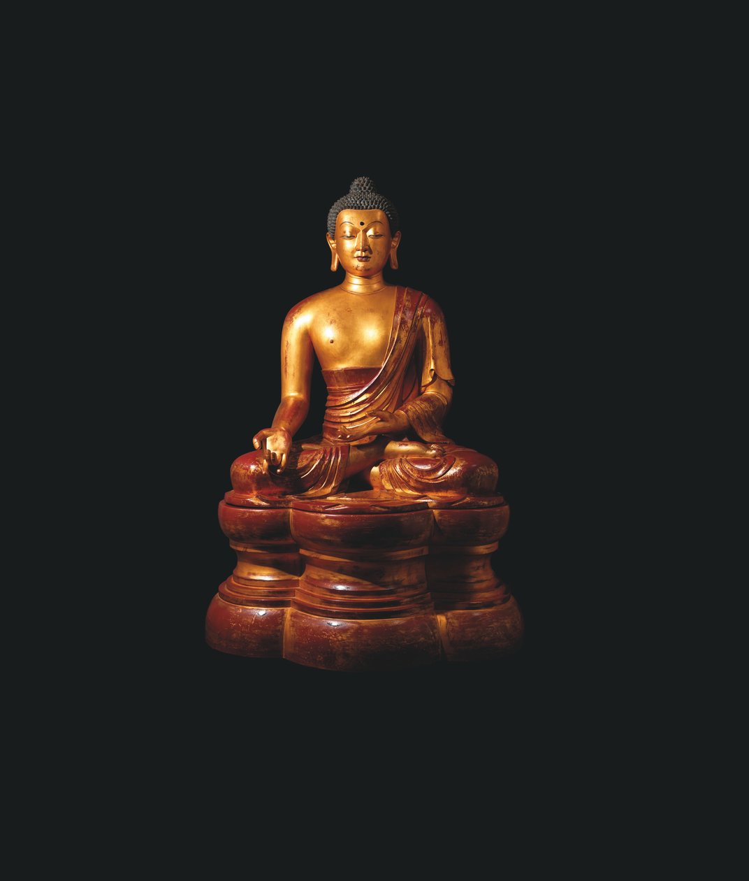 Monumentalna cesarska, lakierowana w złoconym drewnie figurka Buddy Medycyny autorstwa Qing Dynasty Chinese School
