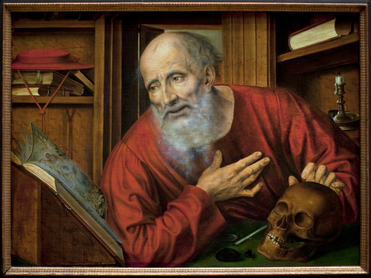 Święty Hieronim w swojej celi. Obraz Quentina Metsysa (Quinten Massys) (1466-1530), pierwsza połowa XVI wieku, prymitywna sztuka flamandzka. Kunsthistorisches Museum w Wiedniu, Austria. autorstwa Quentin Massys or Metsys