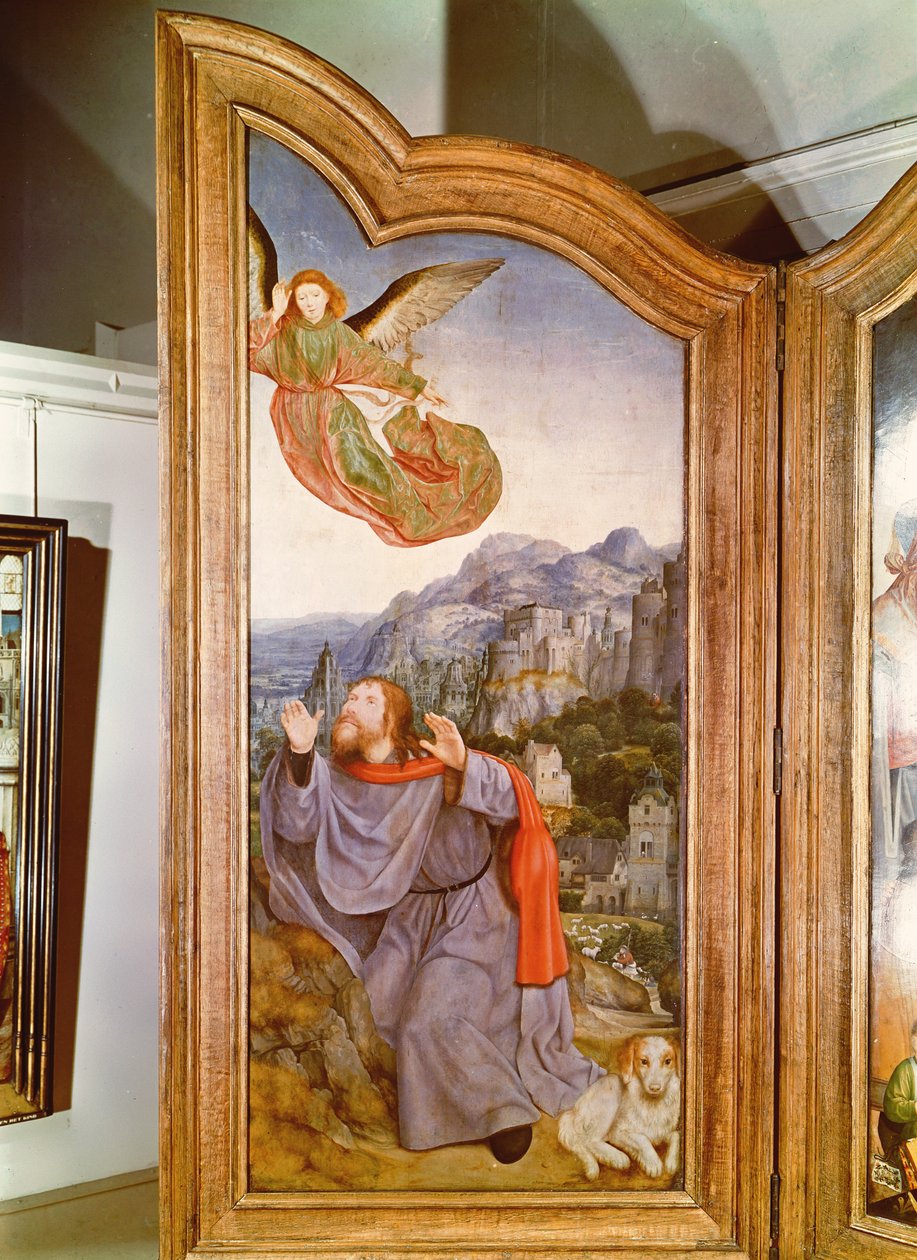 Święte Pokrewieństwo lub Ołtarz św. Anny, szczegół lewego panelu przedstawiający Zwiastowanie Joachimowi, 1509 autorstwa Quentin Massys or Metsys