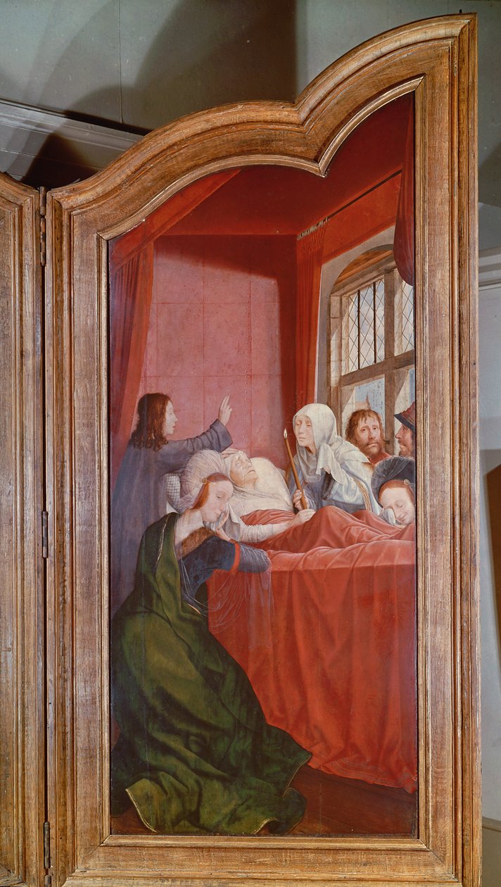 Święte Pokrewieństwo lub Ołtarz św. Anny, fragment prawego panelu przedstawiający śmierć św. Anny, 1509 autorstwa Quentin Massys or Metsys
