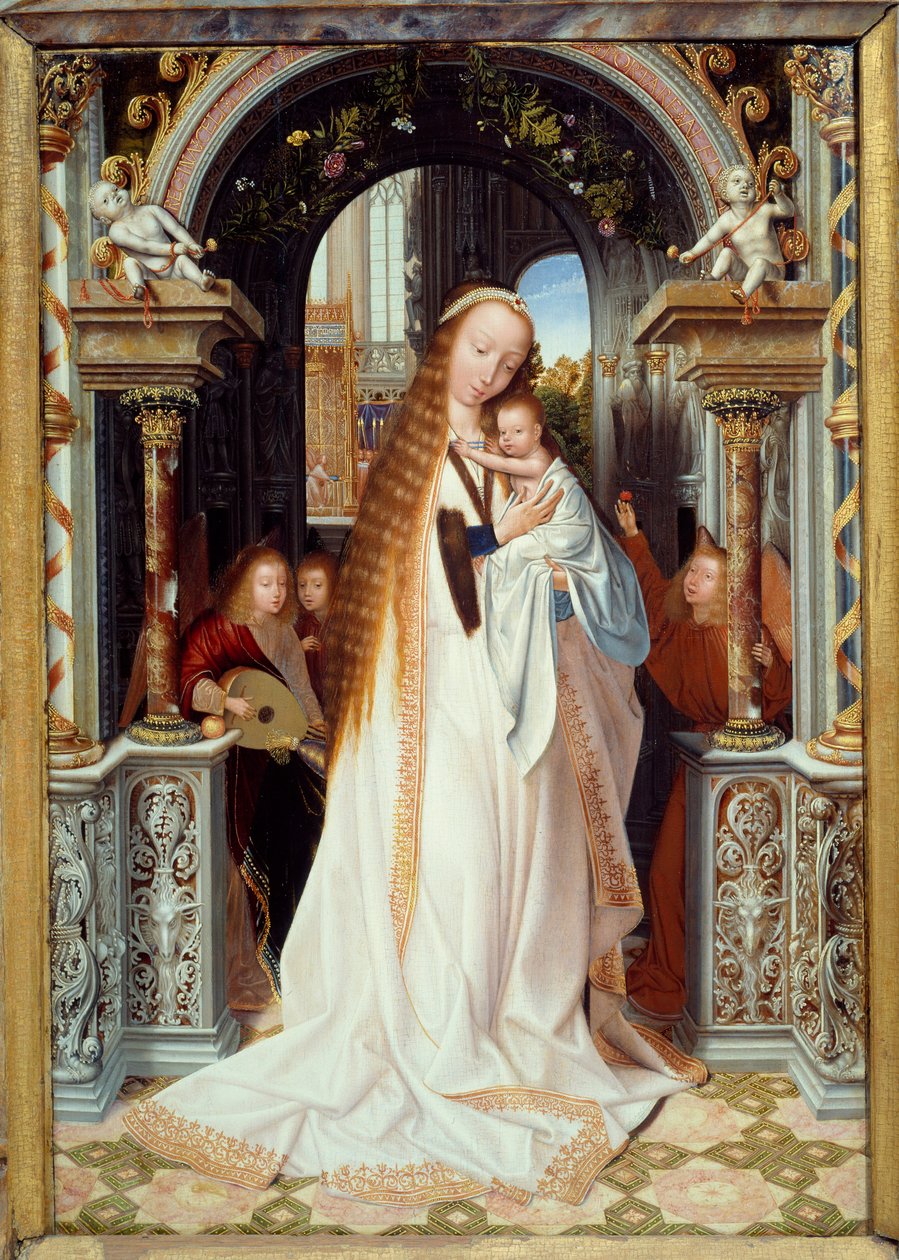 Dziewica z Dzieciątkiem z trzema aniołami (Panel centralny tryptyku). Obraz Quentina Metsysa (1466-1530) (szkoła płomienia) 1509 wym. 0,54 x 0,37 m Lyon, musee des Beaux Arts - Dziewica z Dzieciątkiem z trzema Aniołami. Centralny panel tryptyku. Malarstwo  autorstwa Quentin Massys or Metsys