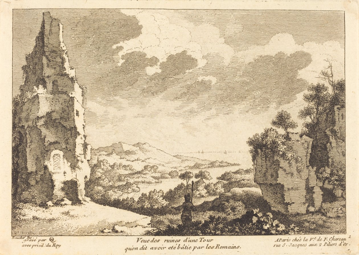 Widok na ruiny wieży, którą podobno zbudowali Rzymianie autorstwa Quentin Pierre Chedel after François Boucher