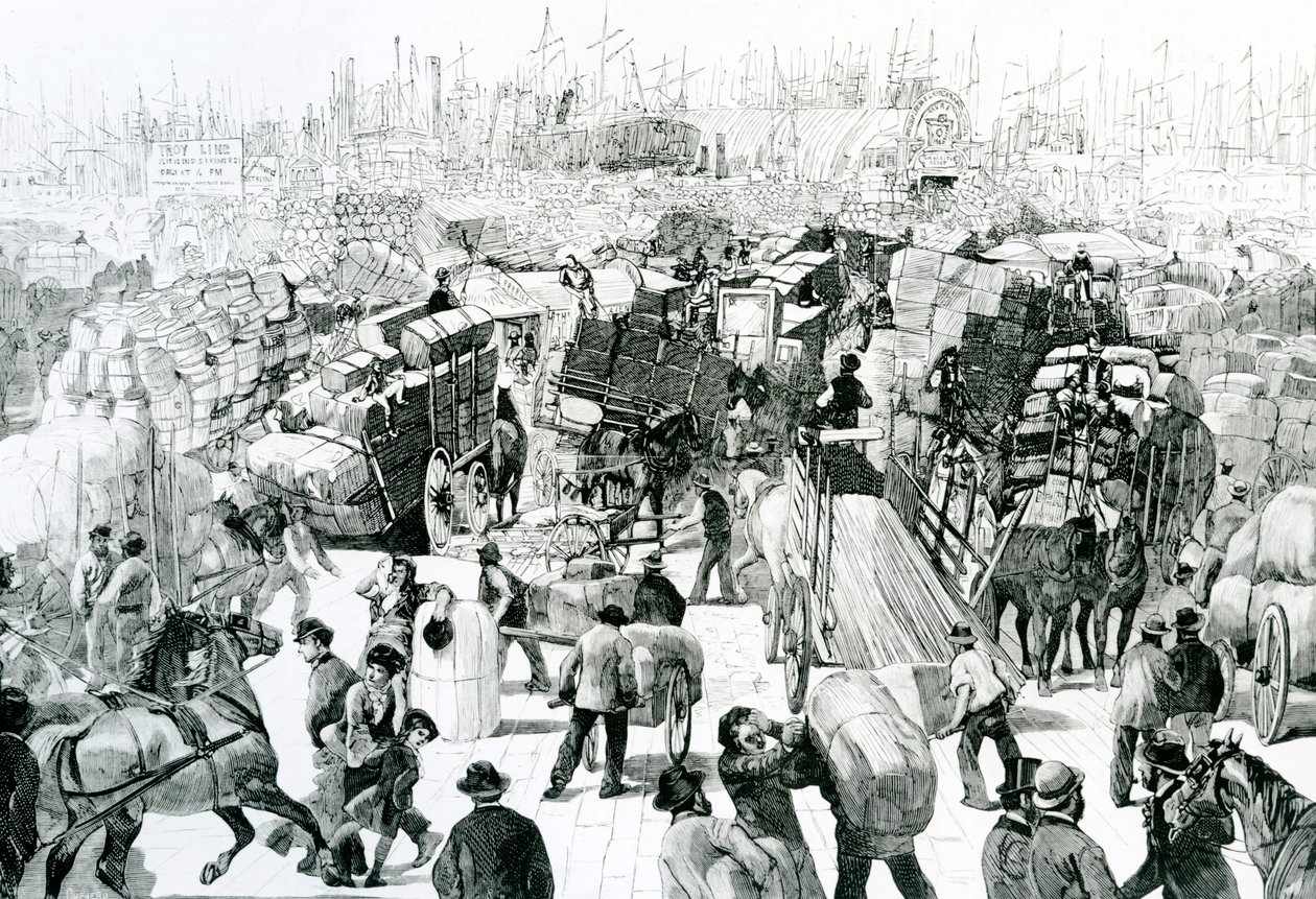 Widok z West Street of Mercantile Activity w porcie w Nowym Jorku, ok. 1880 autorstwa Quevero