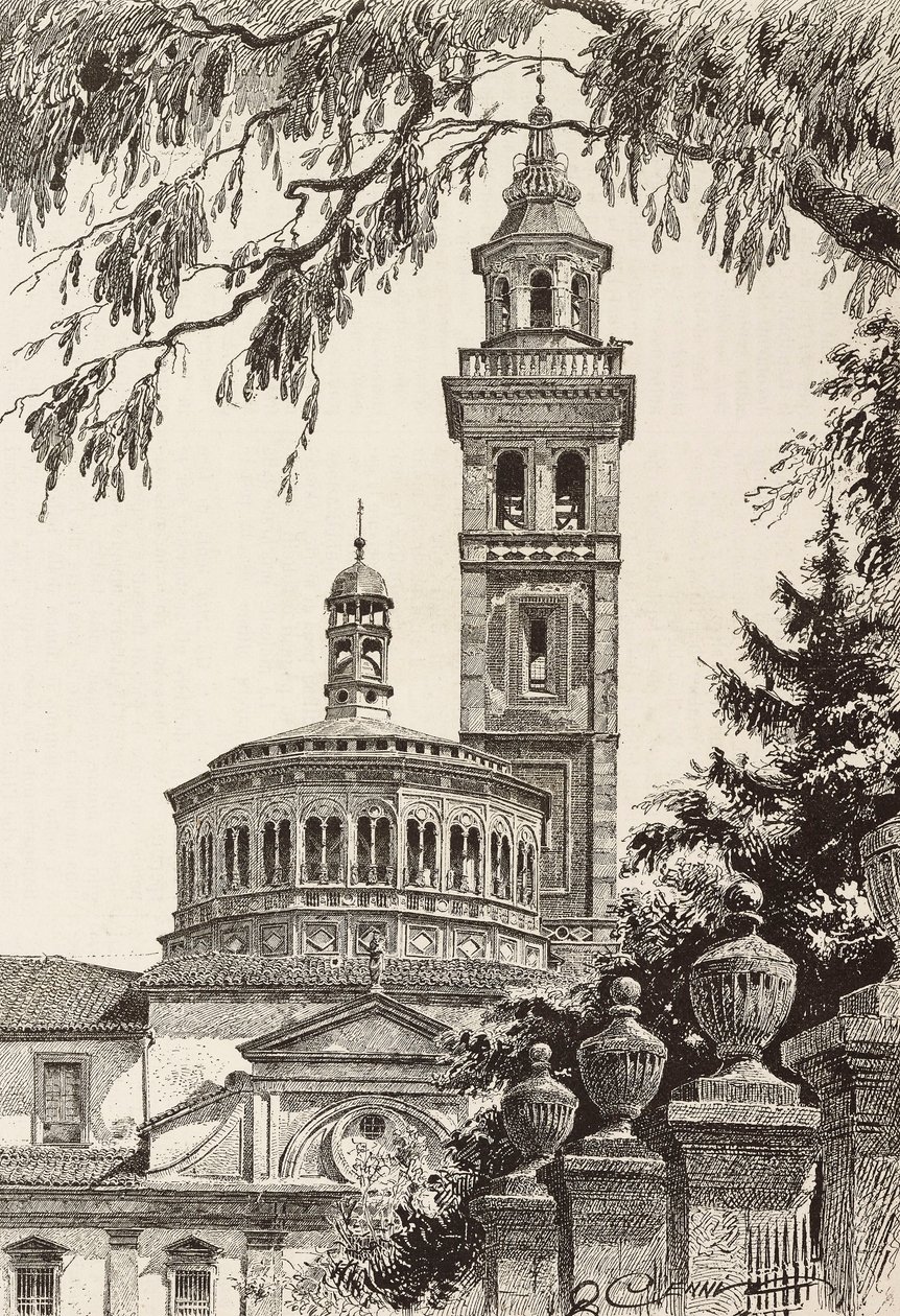 Sanktuarium Beaty Vergine dei Miracoli, Saronno, Włochy, rycina z rysunku Quinto Cenniego, z L