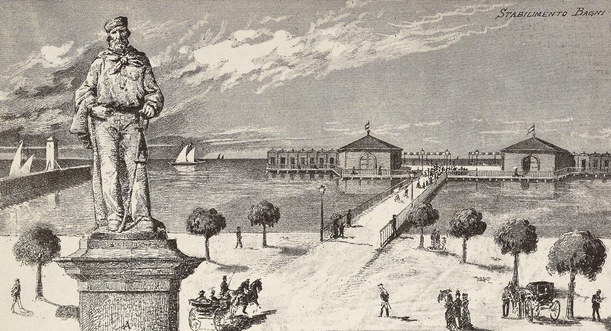 Pomnik ku pamięci Giuseppe Garibaldiego (1807-1882), włoskiego polityka i patrioty, a w tle zakład kąpielowy, Cesenatico, Włochy autorstwa Quinto Cenni