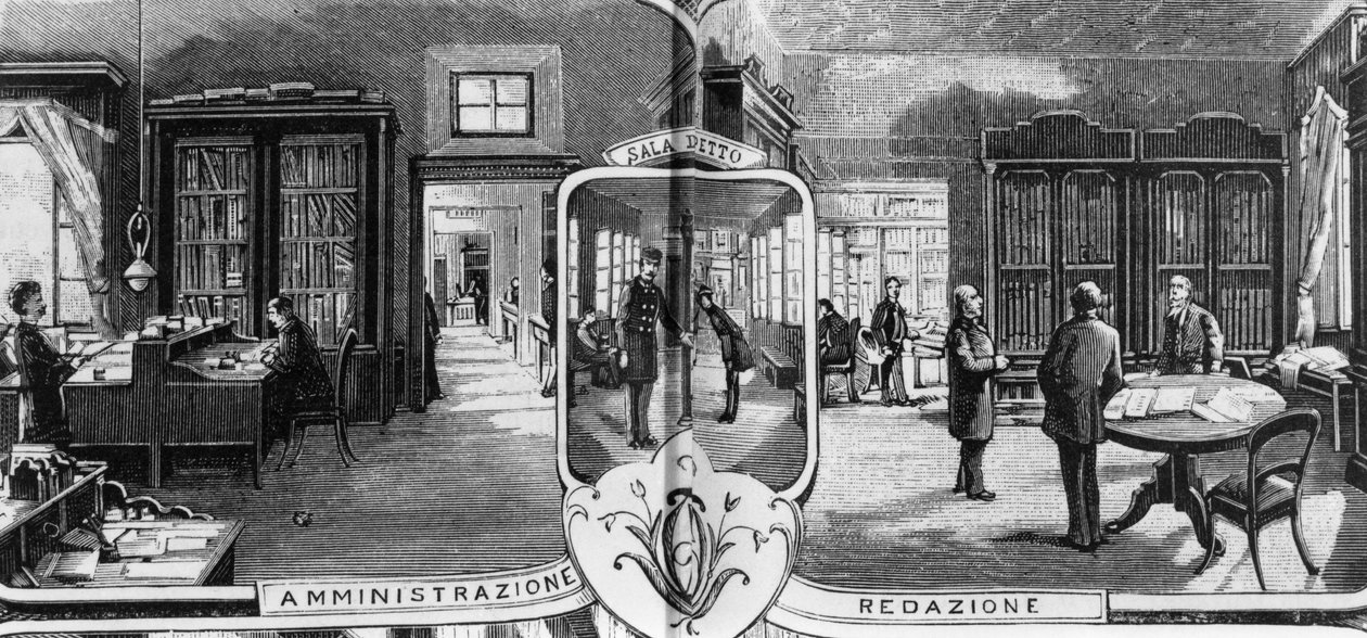 Biura braci Treves, redakcja i personel administracyjny, Mediolan, Włochy, ilustracja Quinto Cenni (1845-1917) z L