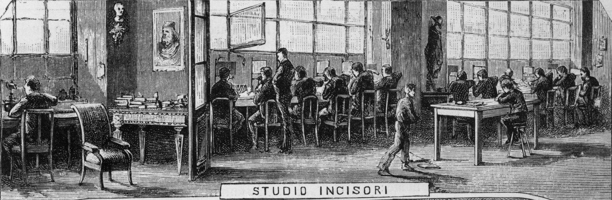 Biura braci Treves, oddział rytowników, Mediolan, Włochy, ilustracja Quinto Cenni (1845-1917) z L