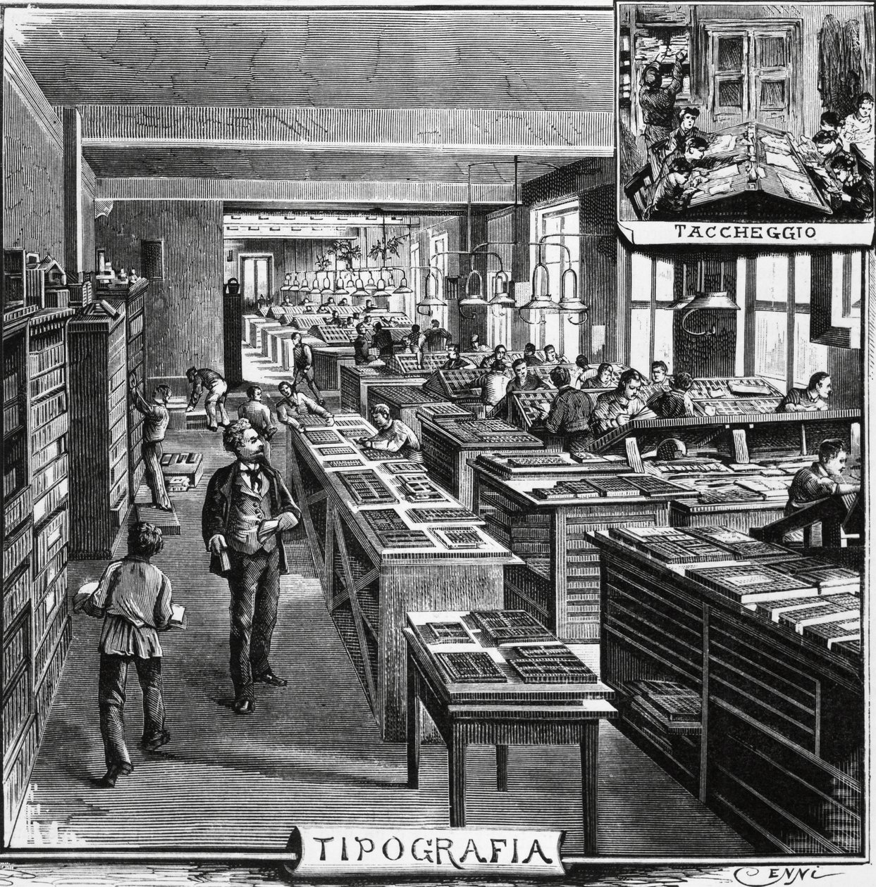 Biura braci Treves, typografia i nakładanie, Mediolan, Włochy, ilustracja Quinto Cenni (1845-1917) z L