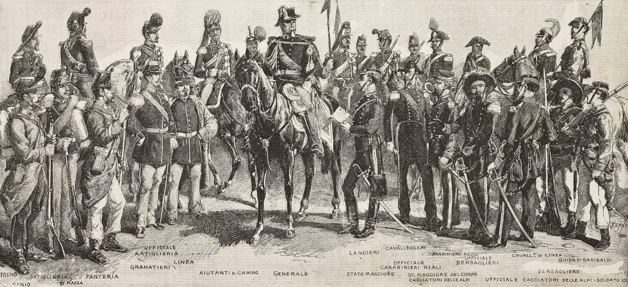 Armia Piemontu w 1859 r.: piechota, artylerzysta, inżynierowie, grenadierzy, oficerowie, generałowie, włócznicy, kawalerzyści, strzelec, rycina z rysunku Quinto Cenni, z L