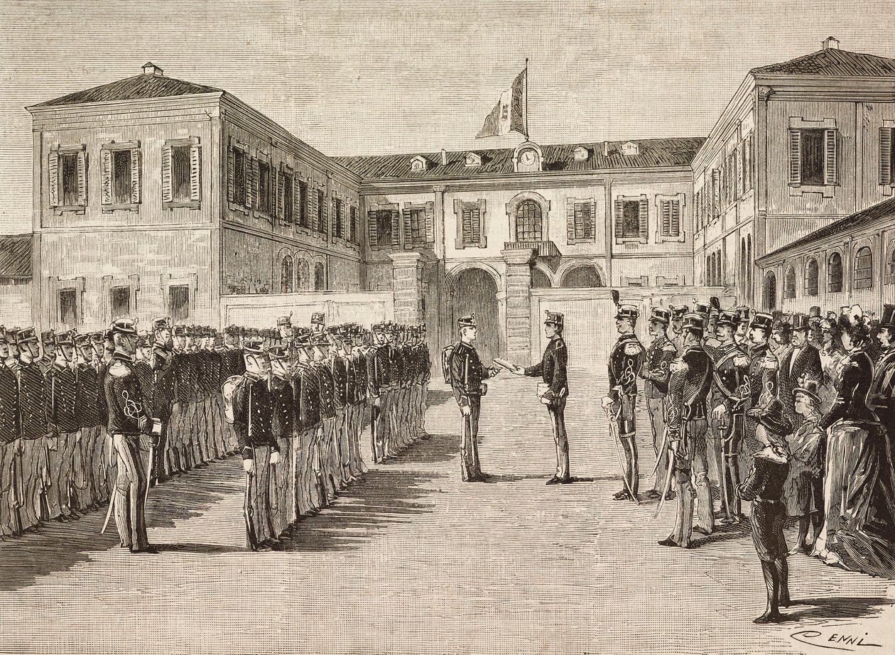 Książę Vittorio Emanuele (1870-1946), hrabia Turynu, nadaje stopnie kadetom akademii wojskowej w Mediolanie we Włoszech, 14 marca autorstwa Quinto Cenni