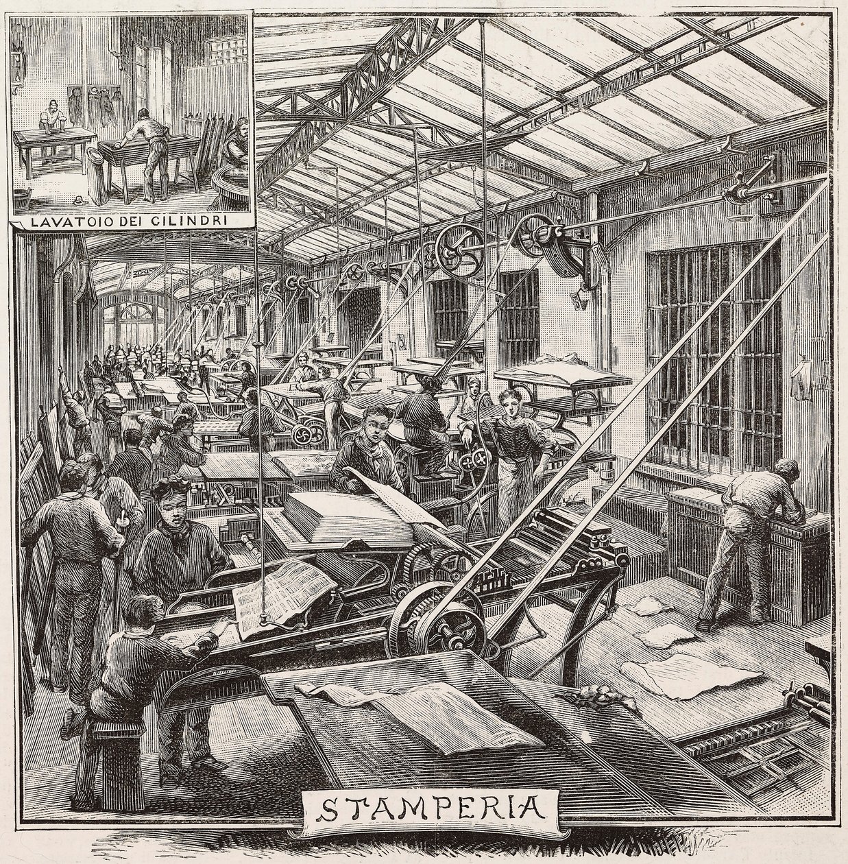 Drukarnia w wydawnictwie Fratelli Treves, Mediolan, Włochy, rycina z rysunku Quinto Cenniego, z L