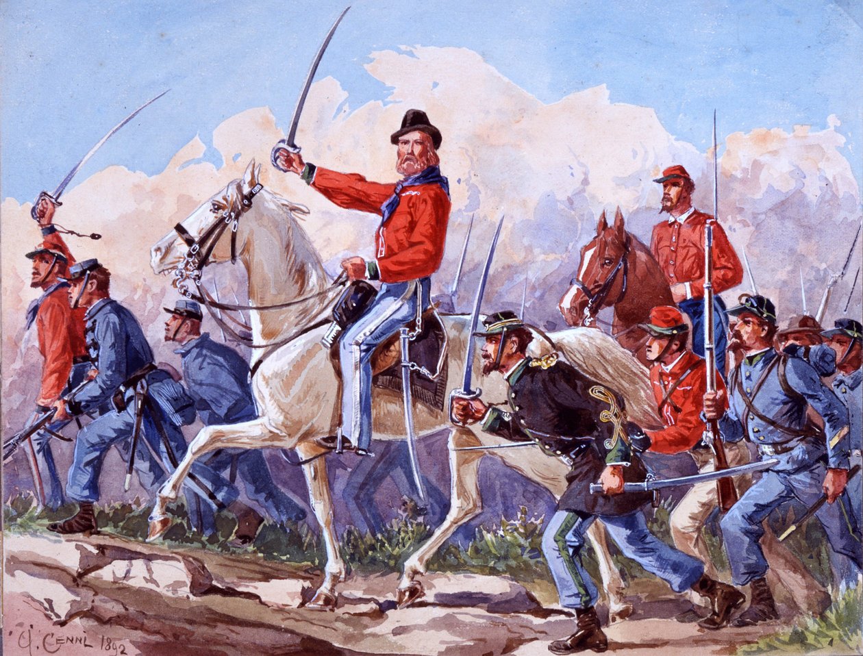 Risorgimento: wojska Giuseppe Garibaldiego (1807-1882) maszerujące na Rzym. Akwarela Quinto Cenni 1892 autorstwa Quinto Cenni