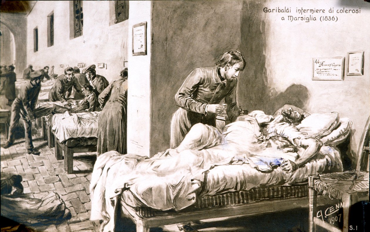 Włoski patriota Giuseppe Garibaldi (1807-1882) pielęgniarz pod nazwiskiem Pan-Borel (Pane Borel) do pacjentów cholery w Marsylii w 1836 r. Pocztówka z XIX-wiecznej kolekcji prywatnej autorstwa Quinto Cenni