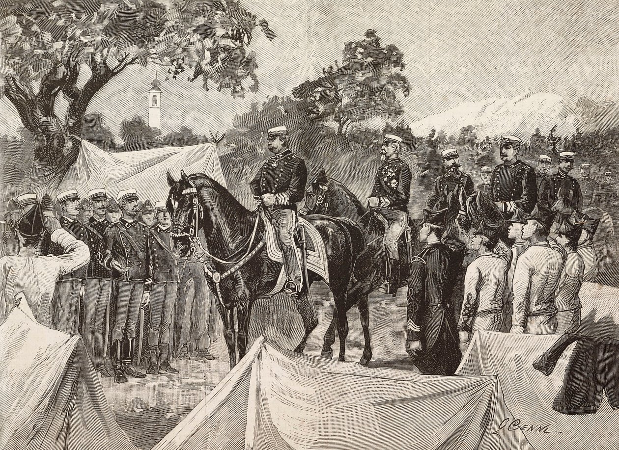 Umberto I (1844-1900), król Włoch z kilkoma oficerami, wizyta w obozach wojskowych, 11 września autorstwa Quinto Cenni
