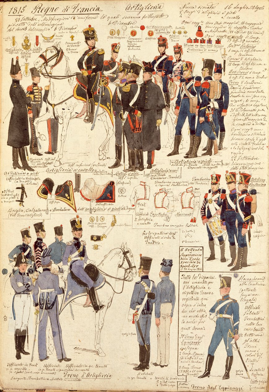 Mundury Artylerii Królestwa Francji, autorstwa Quinto Cenni, kolorowa tablica autorstwa Quinto Cenni