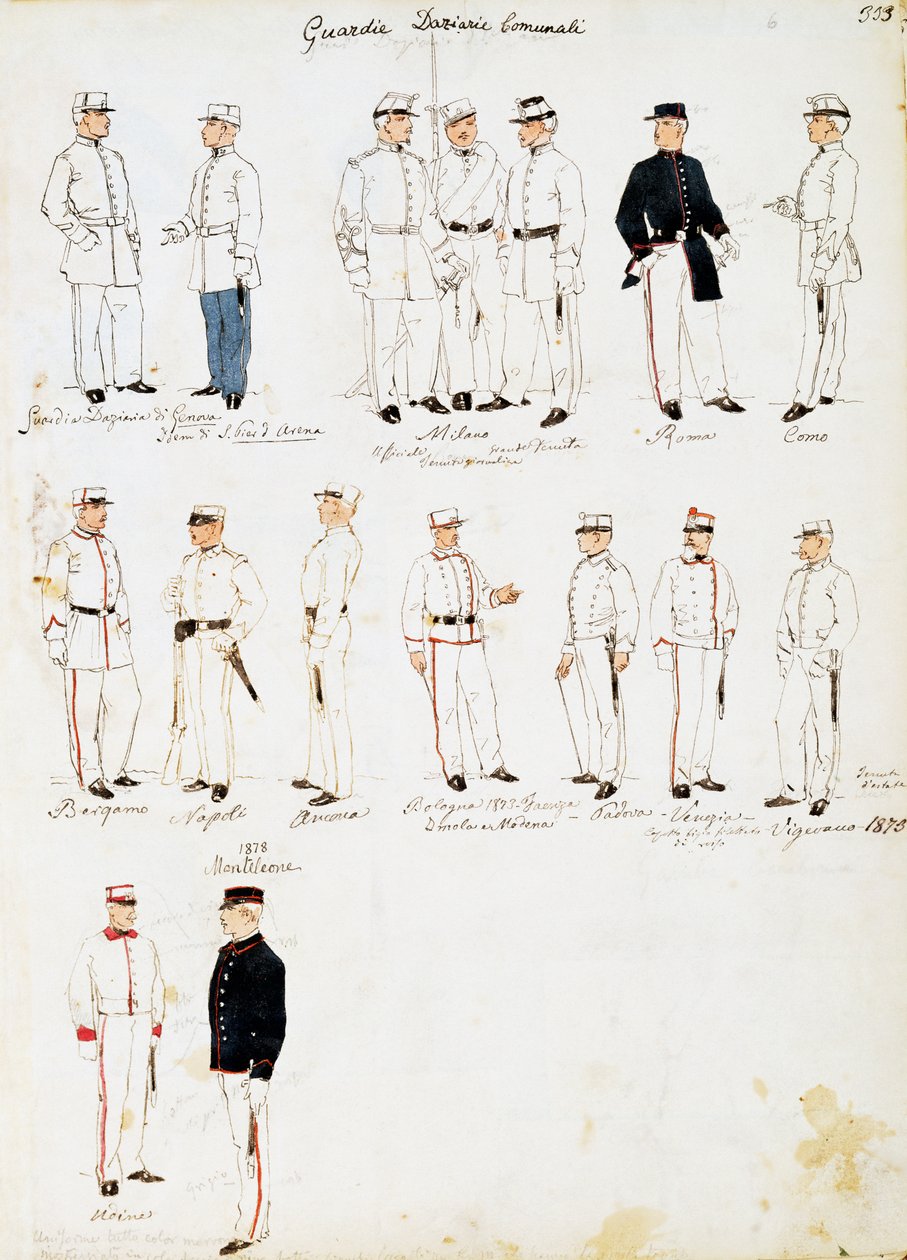 Mundury Straży Celnych Królestwa Włoch w latach 1873-1878, tablica z Kodeksu Cenni, zbiór szkiców wojskowych akwarelą autorstwa Quinto Cenni
